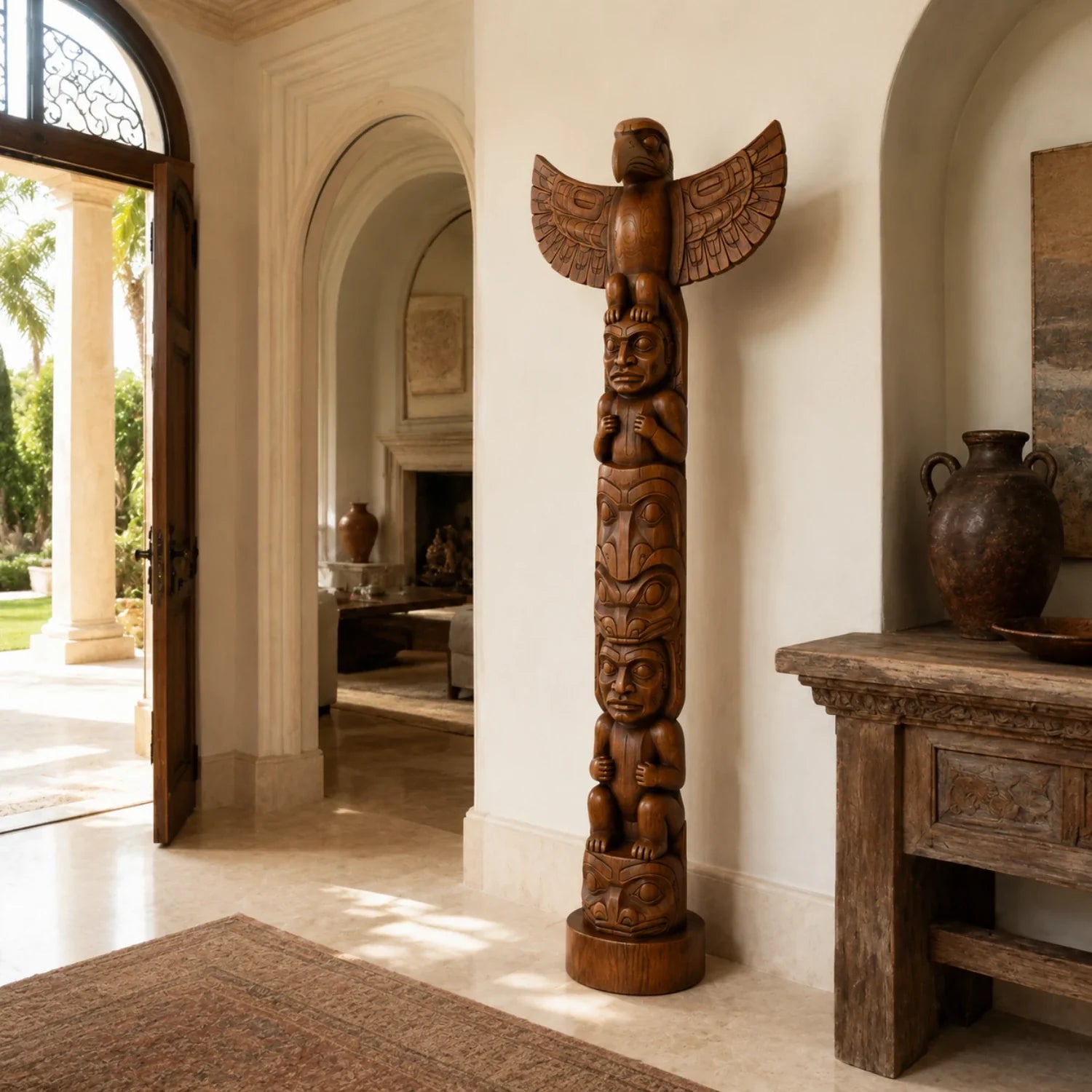 A Winged Guardian in Wood: How Vertical Sculpture Transforms a Modern Interior
