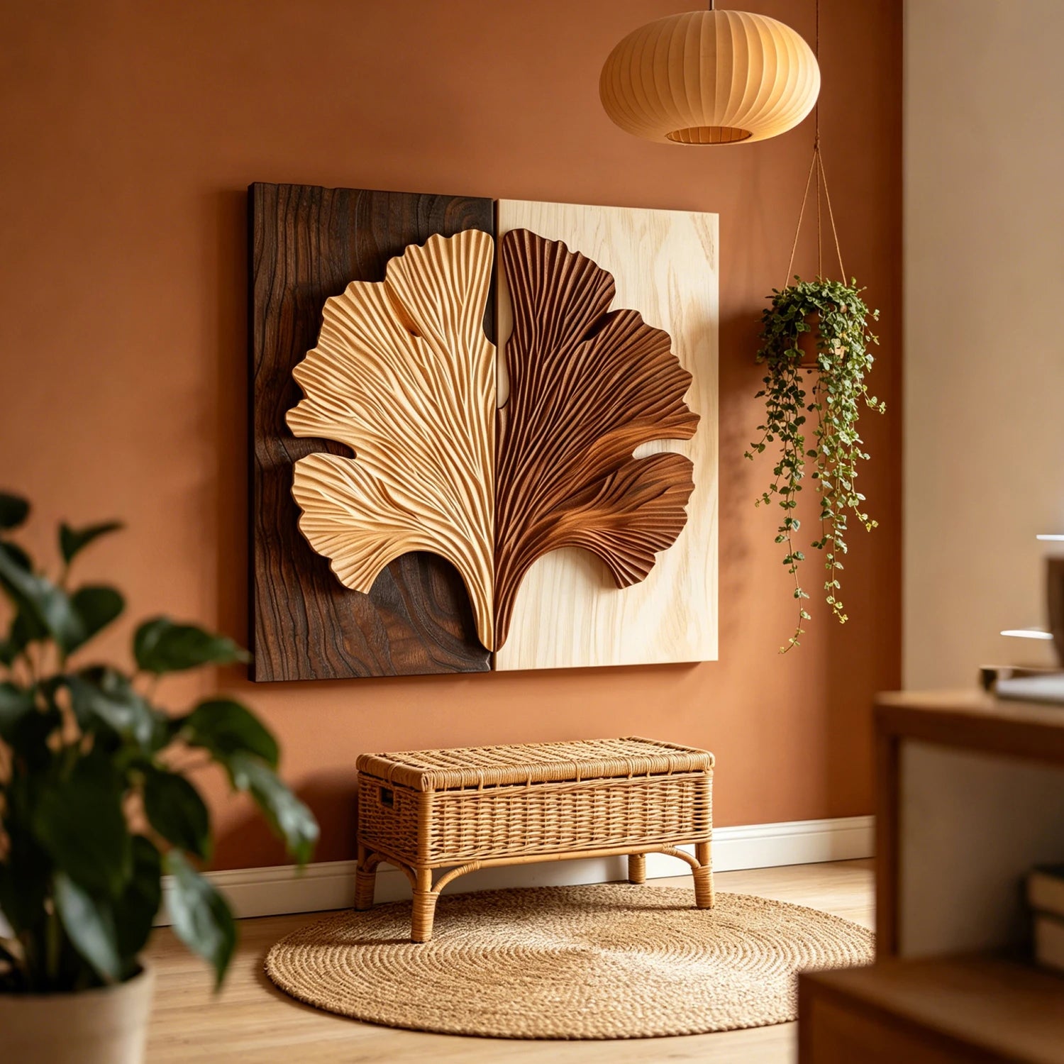 Wooden Wall Art Sculpture | Split-tone Ginkgo Leaf