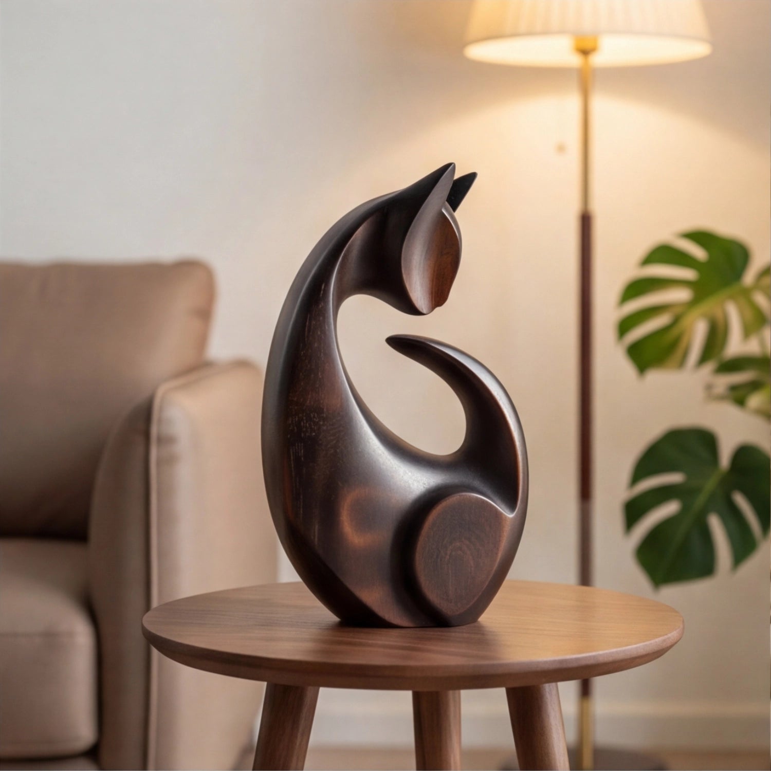 Wood Sculpture | Organic Curled Cat