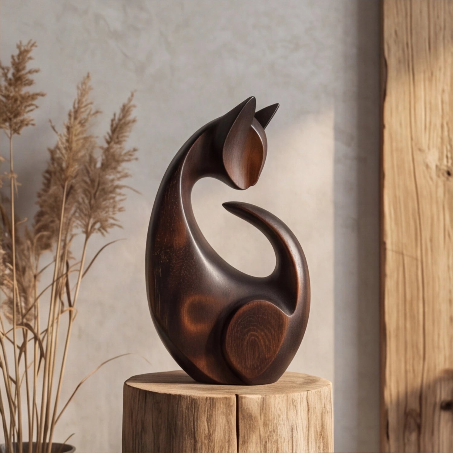 Wood Sculpture | Organic Curled Cat