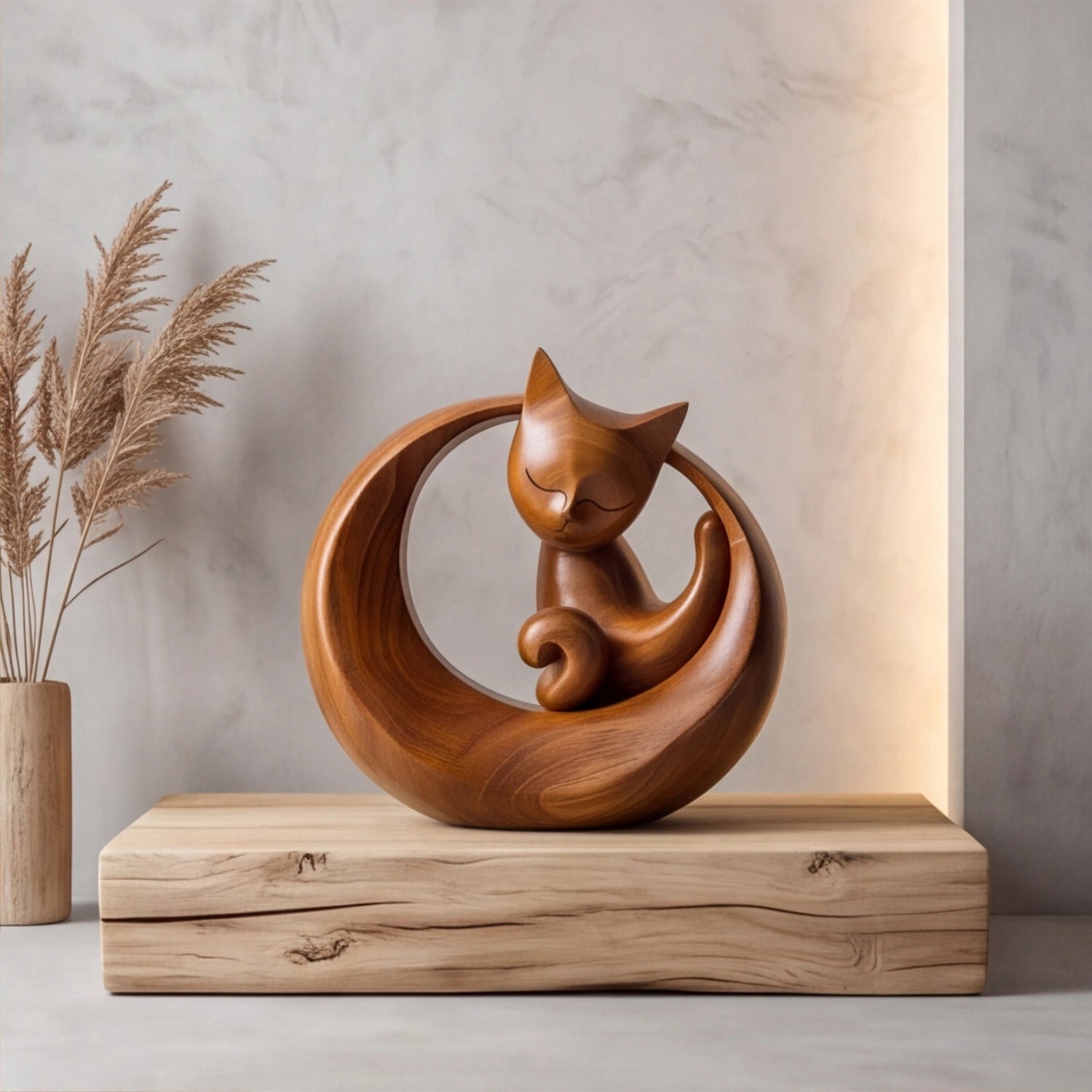 Wood Sculpture | Zen Crescent Cat