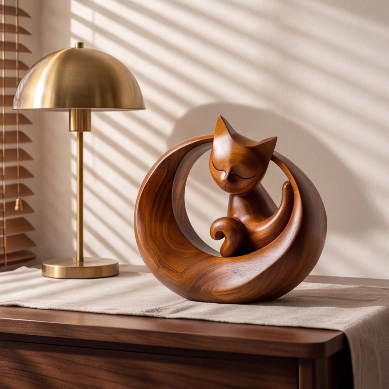Wood Sculpture | Zen Crescent Cat