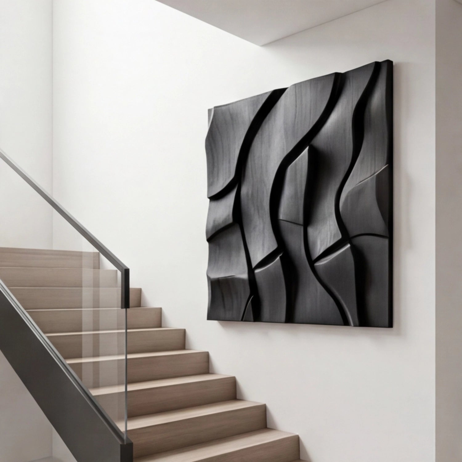 Wooden Wall Art Sculpture | Black Wave Relief