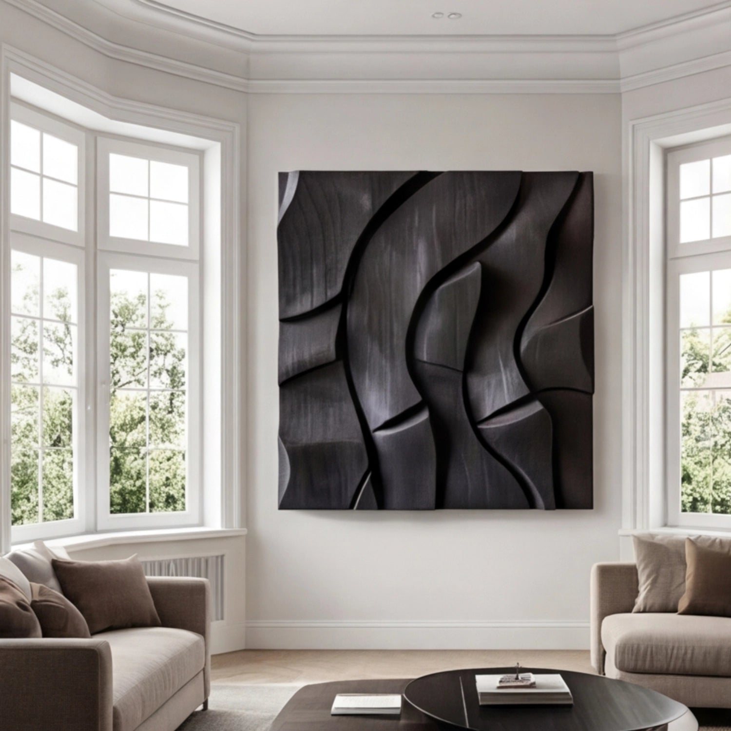 Wooden Wall Art Sculpture | Black Wave Relief