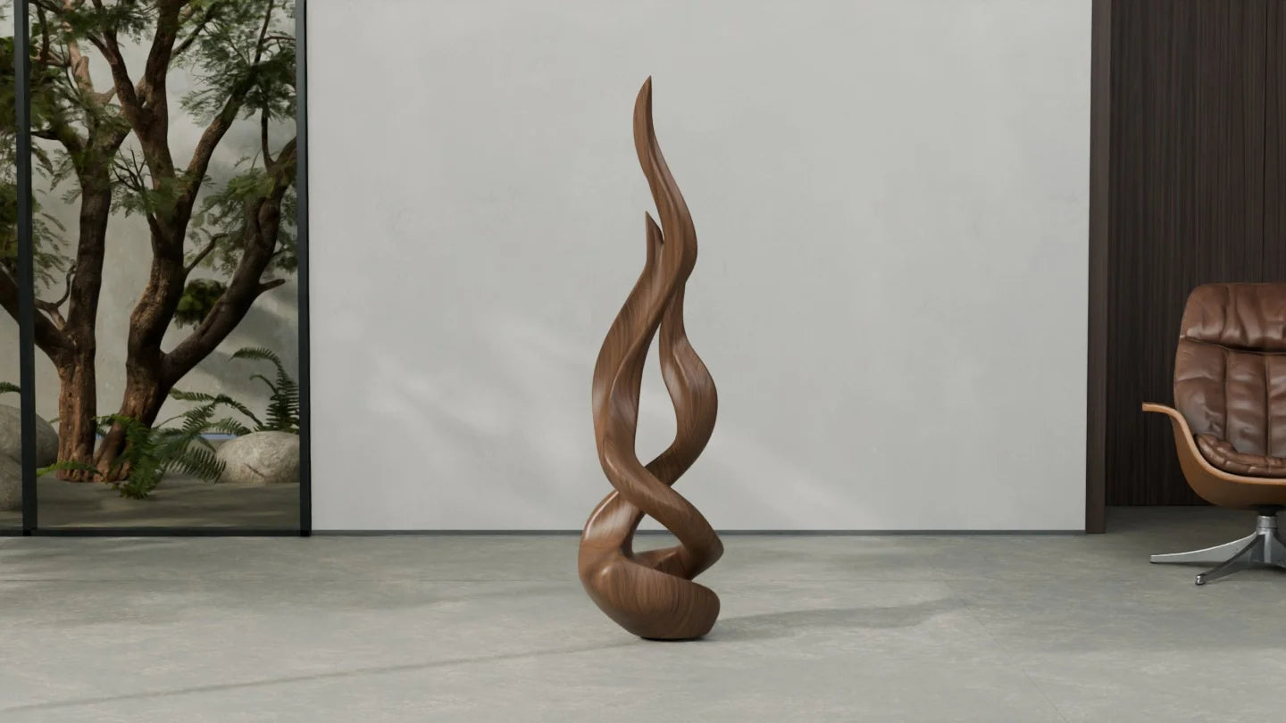 A flowing walnut-finish wood sculpture in a sunlit room beside a green courtyard and leather lounge chair.